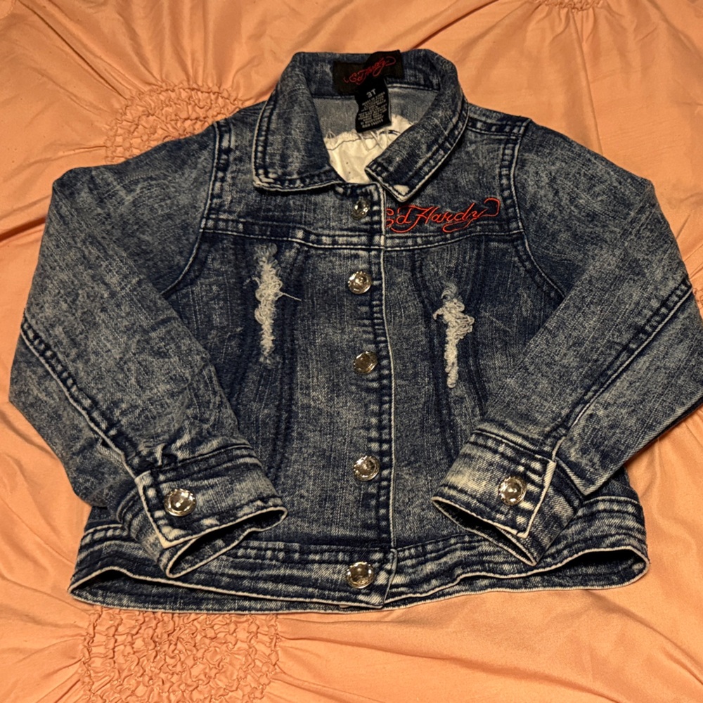 Ed Hardy Blue Denim Jacket with Red Embroidery